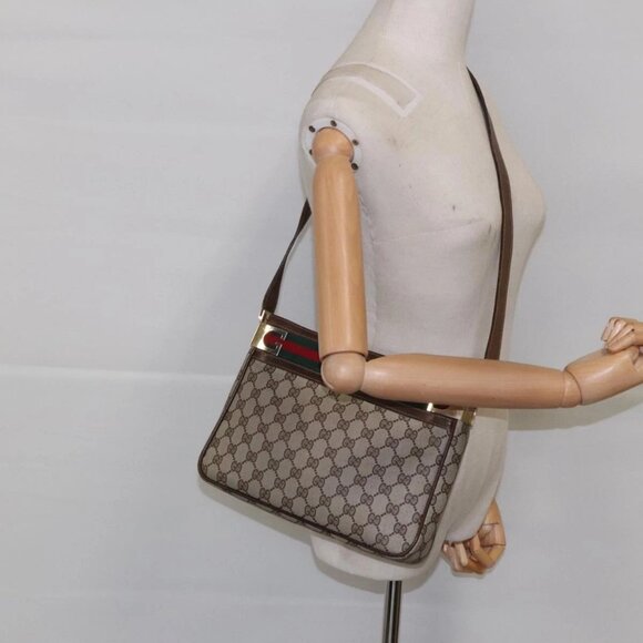 GUCCI GG Supreme Web Sherry Line Shoulder Bag PVC Beige Gold Red Auth 95726 - Picture 1 of 16